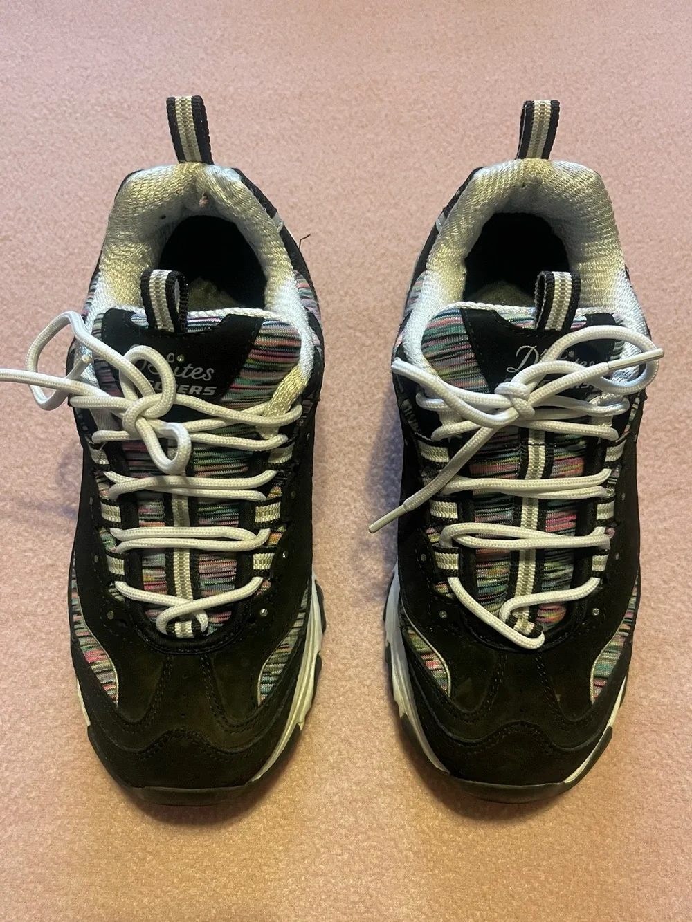 Vintage Y2K Skechers D’lite Black Women's Sneakers with Multicolor Stripe Detail